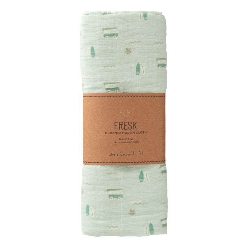 Mussolina Fresk  in cotone bio 120x120 cm  - Surf boy verde acqua